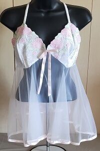 2PC FLORAL EMBROIDERED SHEER BABY DOLL.SS